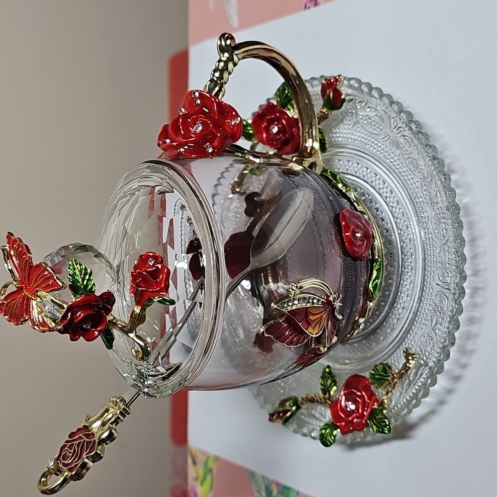 Tea Cup With Lid And Saucer And Spoon Embellished With Red Roses And Butterflies